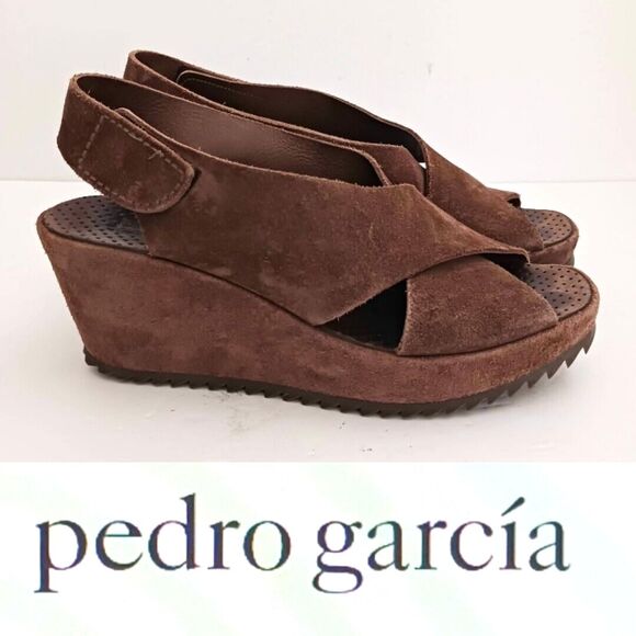 Pedro Garcia Federica Brown Suede Criss Cross Platform Wedge EU 38.5 US 8-8.5 - Picture 1 of 10